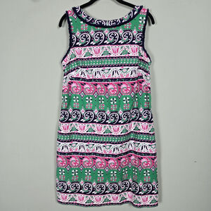Talbots Womens Fringe Knee Length Sheath Dress Size 10 Green Pink Preppy Floral